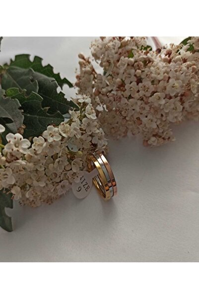 Simge Gümüş خاتم تريند ثلاثي الألوان من الفولاذ رقم 6