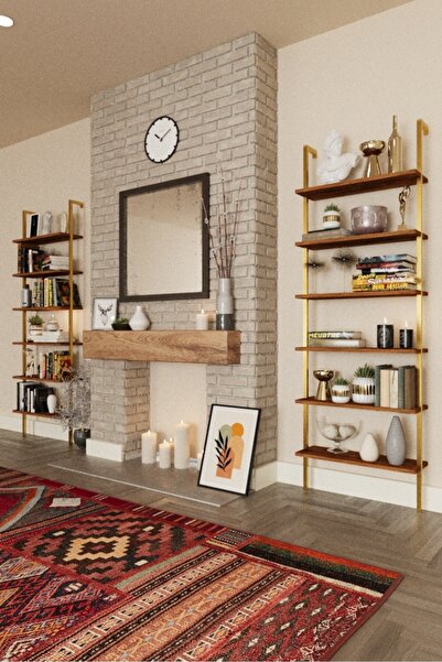 Phobia Kitaplık, Yeni Gold Metal Kitaplık, 6 Raflı Duvara Monte , Ceviz Duvar Rafı Kitaplık, Mobilya 722