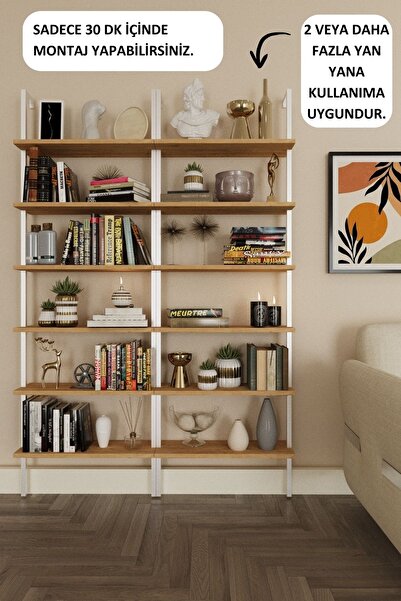 Phobia Kitaplık, Yeni Beyaz Metal Kitaplık, 6 Raflı Duvara Monte , Çam Duvar Rafı Kitaplık, Mobilya 744