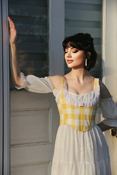 KSDESIGN sarı ekose fisto detaylı balenli korse büstiyer