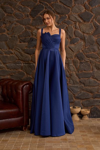 Lenta Moda Maxi Length Navy Satin Evening Dress - Evening Dress with Drape Detail