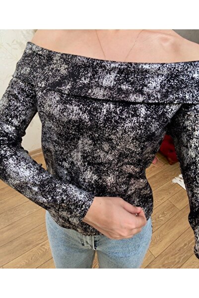 sunademirelfashion Premium Kalite Varak Desenli  Kayık Yakalı Uzun Kollu Bluz