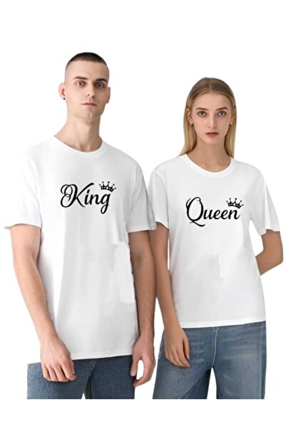 PERISENSE Set de 2 tricouri unisex, femei, bărbați, cu imprimeu King Queen