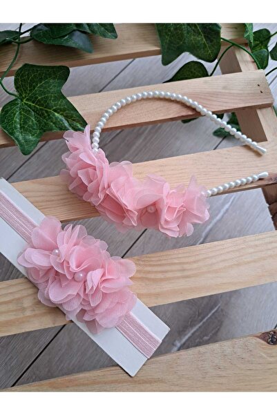 Gkt Tasarım Pembe İncili Kumaş Çiçekli Anne Bebek Lohusa Taç Seti