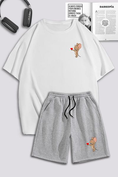 macklin Unisex Γυναικεία Ανδρικά Σετ φόρμας Tom and Jerry Heart με στάμπα ειδικής σχεδίασης Oversize μπλουζάκι και σορτς