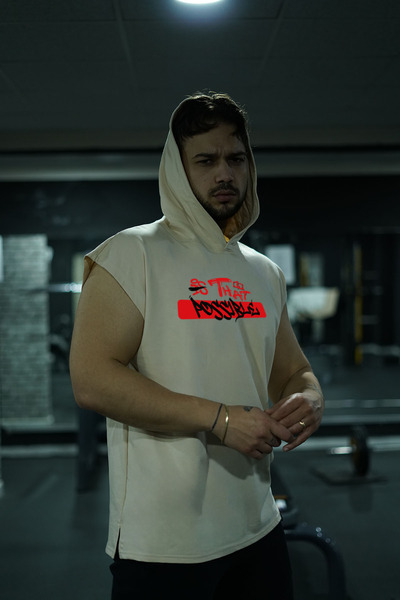 Oxlade Beige Sports Tank Top Gym Plain Beige Hooded Fitness Tank Top®