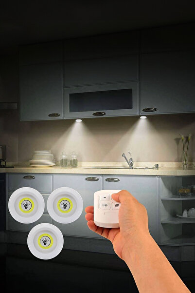 Soillium 3lü Dekoratif Dolap İçi Koridor Antre Aydınlatma Pilli Kumandalı Spot Led Işık Yapışkanlı Kumandalı