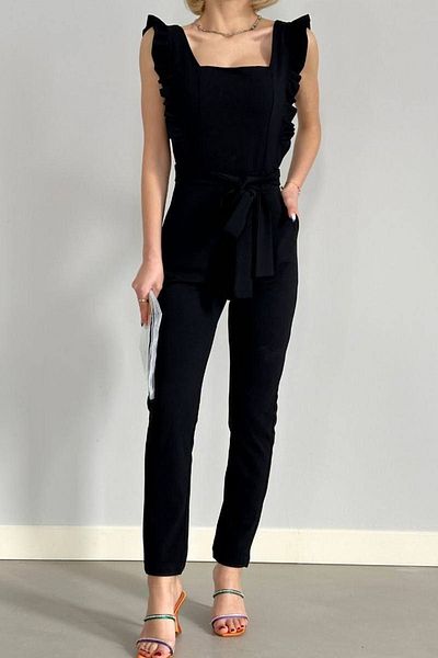 Secret Passion Lingerie Women's Crepe Fabric Square Collar Ruffle Design Belt Detailed Sleeveless Black Jumpsuit 106