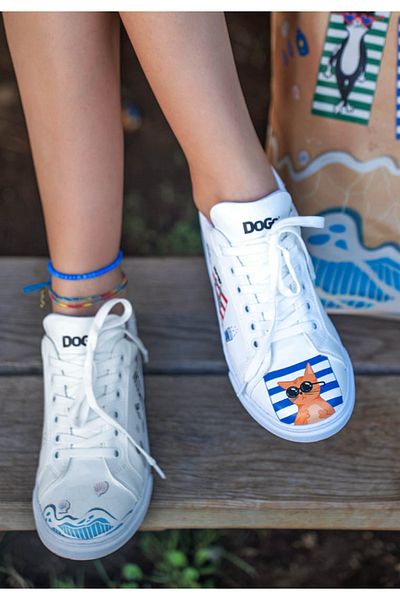 Dogo Pantofi albi din piele vegană de damă - Design Cats on the Beach