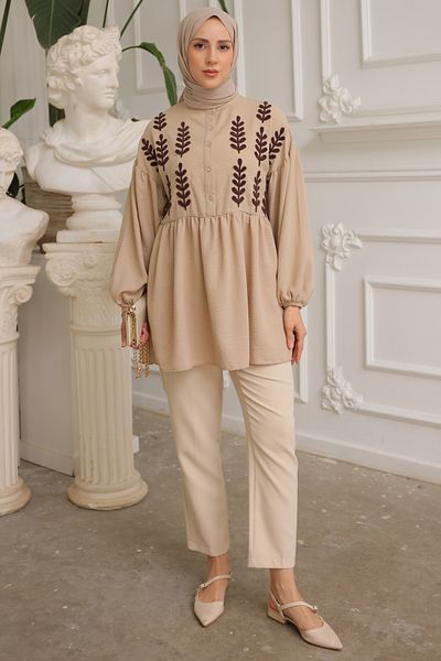 benguen 2036 Leaf Patterned Shirt Mink