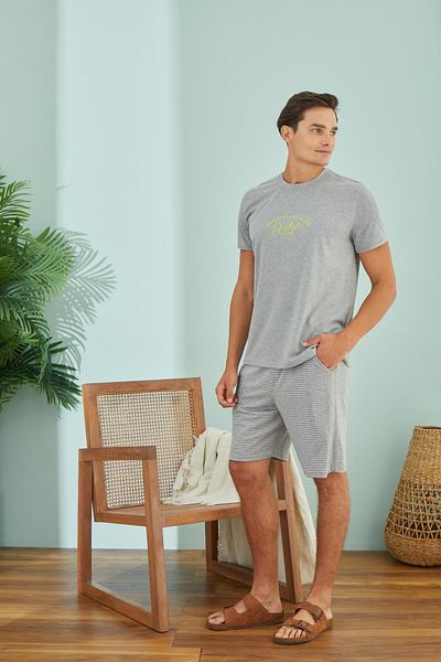 Sevim Men's Short Sleeve Gray Melange Shorts Pajamas Suit C4T7N49