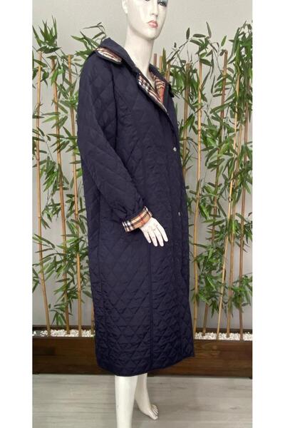 VETRE Women's Large Size Plaid 120 Cm Seasonal Navy Blue Quilted Coat 1042