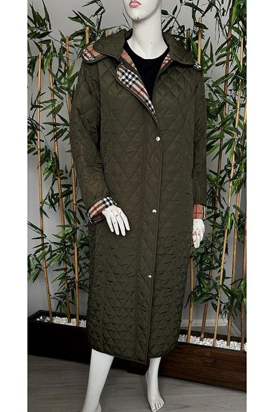 VETRE Women's Large Size Plaid 120 Cm Seasonal Khaki Quilted Coat 1042