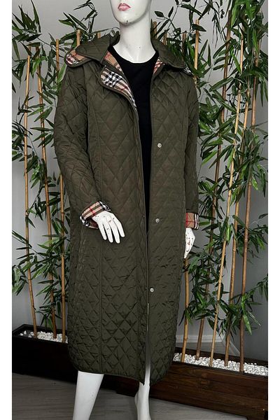 VETRE Women's Large Size Plaid 120 Cm Seasonal Khaki Quilted Coat 1042