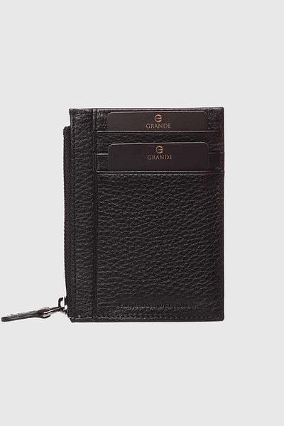 Grande 853 Genuine Leather Coin Compartment Zippered Vertical Card Holder Flother Black