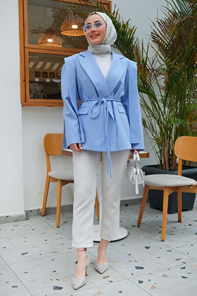 LOCCO Waist Tied Shoulder Padded Jacket Baby Blue