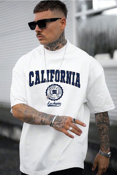 MODAGEN Ανδρικό μπλουζάκι με λευκή λαιμόκοψη California Oversize