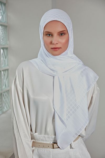 Scarf Jacquard Mini Square Patterned Chiffon Scarf - White