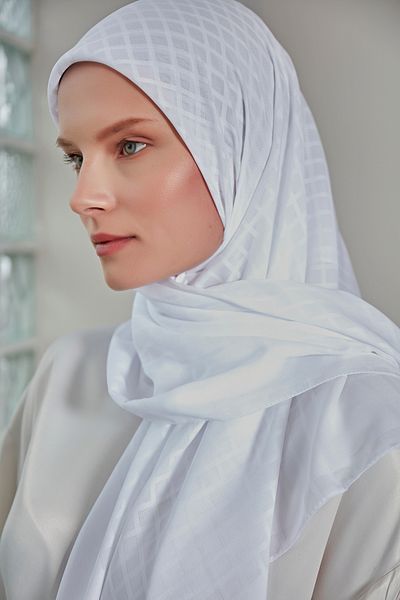 Scarf Jacquard Mini Square Patterned Chiffon Scarf - White