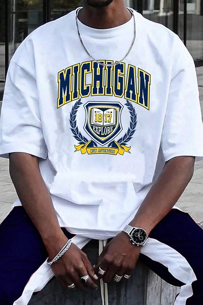 MODAGEN Мъжка наднормена бяла тениска с кръгло деколте Michigan Boyfriend