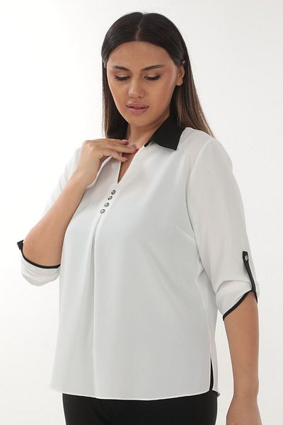 Selent Women's Black V-Neck Button Detailed Three-Quarter Sleeve Plus Size Blouse
