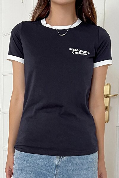 MODAGEN Women's Navy Blue White Collar Detailed Cotton Slimfit T-Shirt