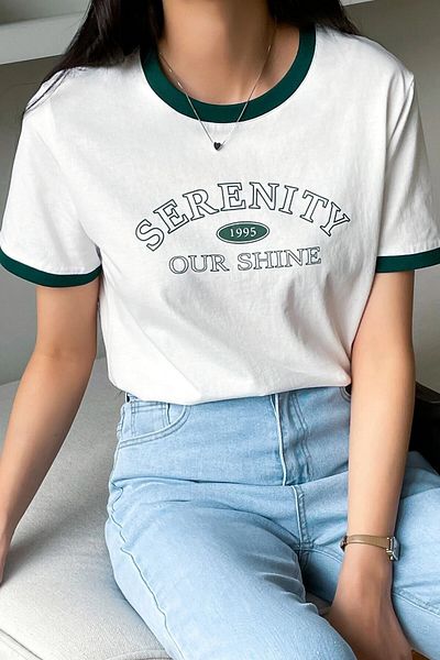 MODAGEN Women's White Green Collar Detailed Cotton Slimfit T-Shirt