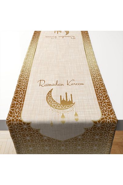 Tataroğlu Dijital Kumaş Ramadan Collection - Ramadan Kareem Gold Yellow Geometric Runner