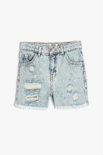 Koton Jeansshorts für Mädchen mit ausgefranstem Detail und Tasche aus Baumwolle