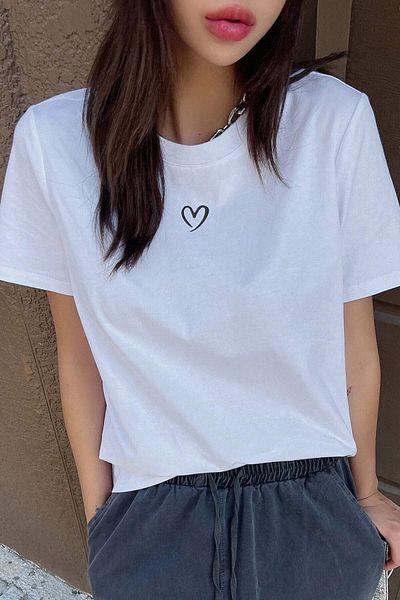 MODAGEN Unisex Heart Printed White Slimfit T-Shirt