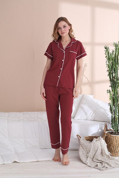 JENİKA Set pijama cu mânecă scurtă, cu nasturi, cu buline, roșu Claret