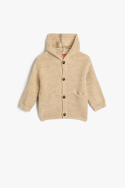 Koton Baby Boy Hooded Knitted Cardigan with Button Closure Pocket Detail