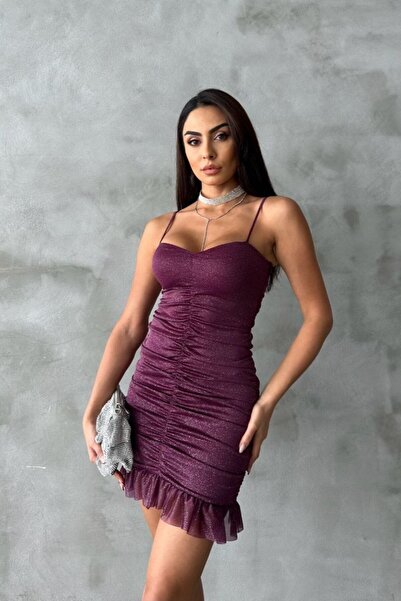 signora rosso Kadın Askılı Büzgülü Fırfır Detaylı Parti Elbisesi