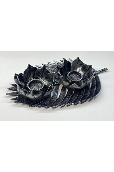 Peramari Dekoratif Polyester İkili Çınar Yaprak Mumluk Gümüş Siyah Eskitme
