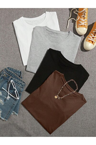 Revasser Unisex Düz Basic 4'lü Çoklu Kombin T-shirt - Beyaz Pembe Siyah Ve Be...