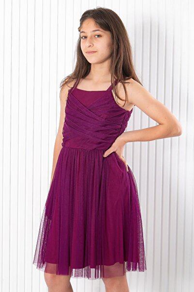 SUBU TASARIM Βραδινό φόρεμα με λουράκι από τούλι Plum MDV932