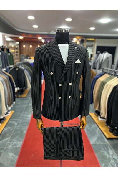 Terziayhan طقم فستان Slimfit مزدوج الصدر مخطط باللون الأسود للموسم الجديد