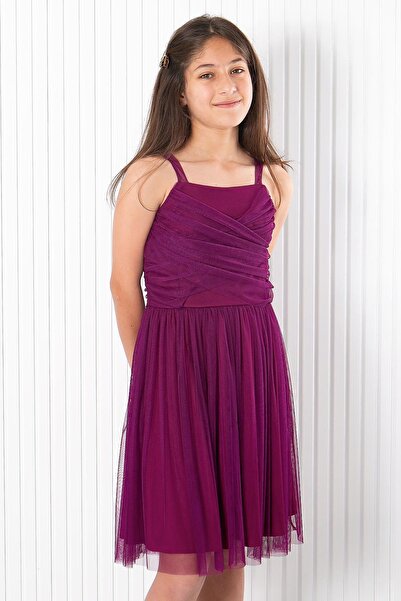 SUBU TASARIM Βραδινό φόρεμα με λουράκι από τούλι Plum MDV932