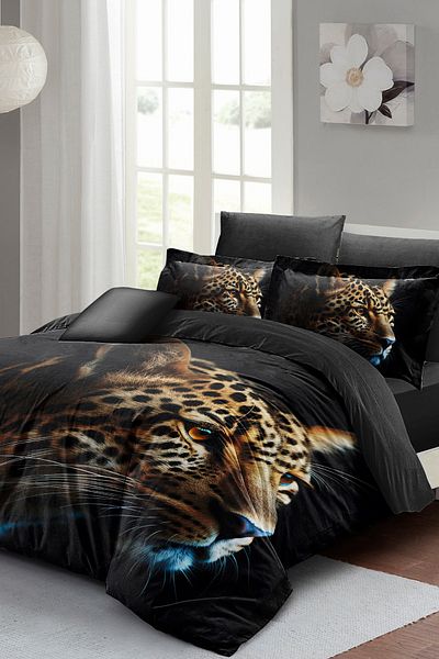 MonoHome Set cuvertură de pilota din satin Leopard Face King Size - 100% bumbac, dublu, 220x240cm