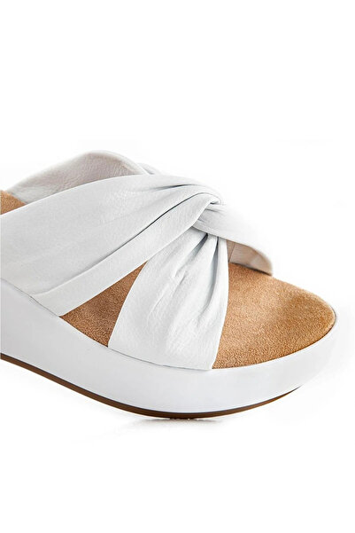 Muya Genuine Leather Wedge Heeled White Women's Slippers