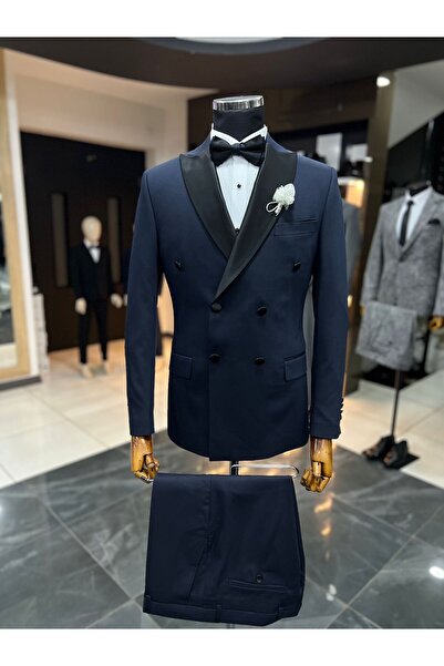 Terziayhan Lacivert Slimfit Kırlangıç Yaka Kruvaze Damatlık Takım Elbise