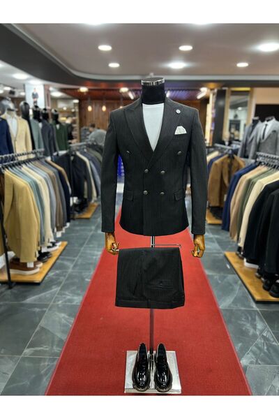 Terziayhan Yeni Sezon Antrasit Çizgili  Slimfit Kruvaze Takım Elbise