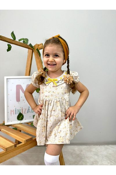 Minizade Floral Collared Linen Baby Girl/Child Dress