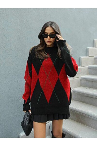 Swana Baklava Desenli Bisiklet Yaka Salaş Kazak