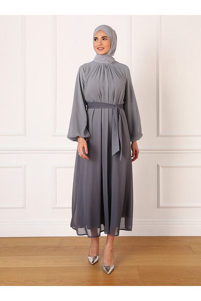 Refka Belted Gradient Patterned Chiffon Hijab Evening Dress - Granite - Refka