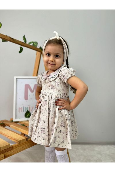 Minizade Floral Collared Linen Baby Girl/Child Dress