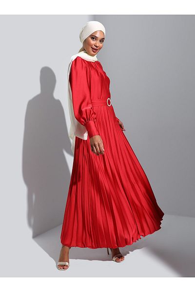 Refka Buckle Detailed Pleated Satin Hijab Evening Dress - Red- Refka