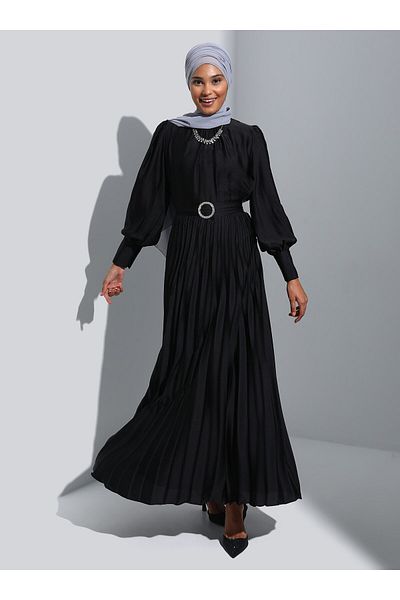 Refka Buckle Detailed Pleated Satin Hijab Evening Dress - Black - Refka