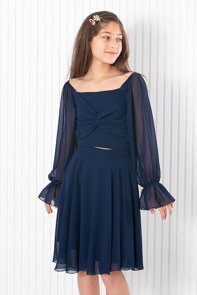 SUBU TASARIM Navy Blue Chiffon Evening Dress - Balloon Sleeve Dress MDV934