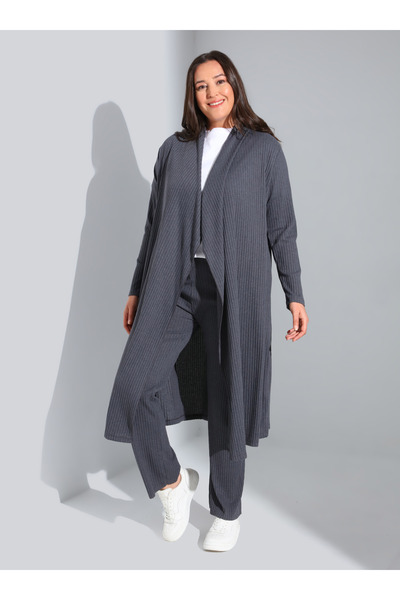ALİA Flowy Casual Plus Size Camisole Cardigan - Anthracite - Alia